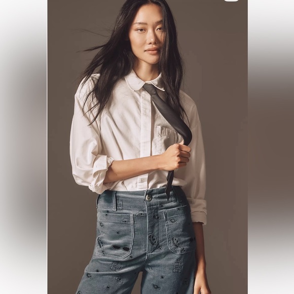 Maeve The Colette Crop Wide-leg Embroidered Corduroy Pants Light Blue/ Gray - Picture 3 of 13